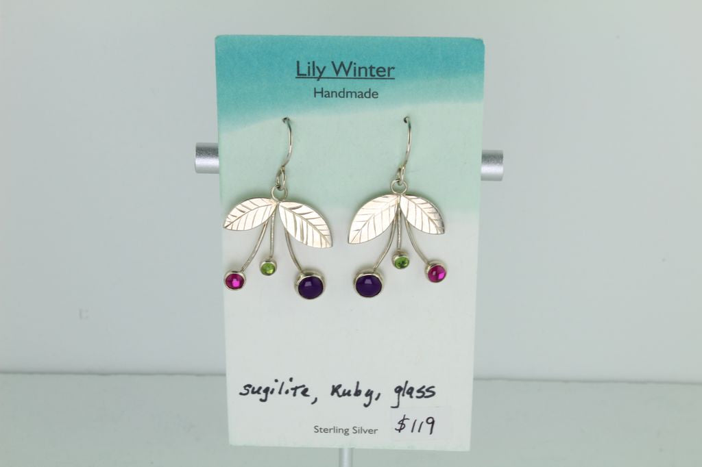 Sugilite, Ruby, and Glass Earrings