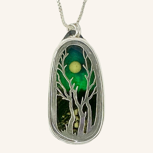220-013 Three Trees and Moon Resin Pendant