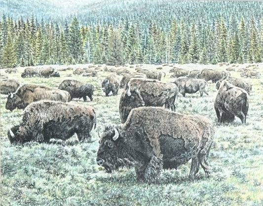 Framed artwork of a herd of bison in a field with trees in the background.