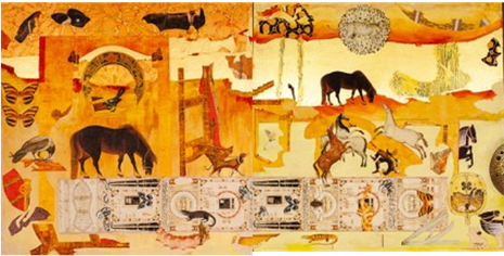 Unconventional Journey, panels 1 and 2 of 8-part 16 foot metaphorical landscape