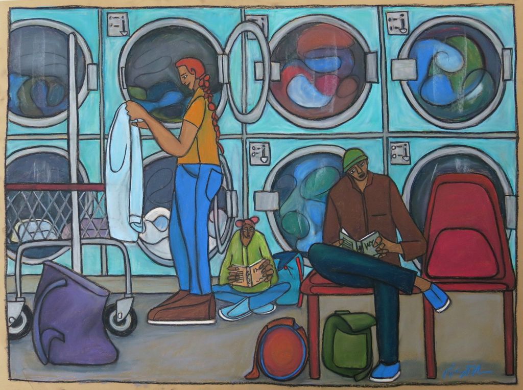 Illustration of people using a laundromat with washing machines and people sitting on a bench.