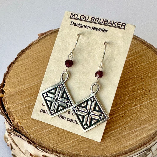 Nordic Snowflake Earrings, garnet bead #526