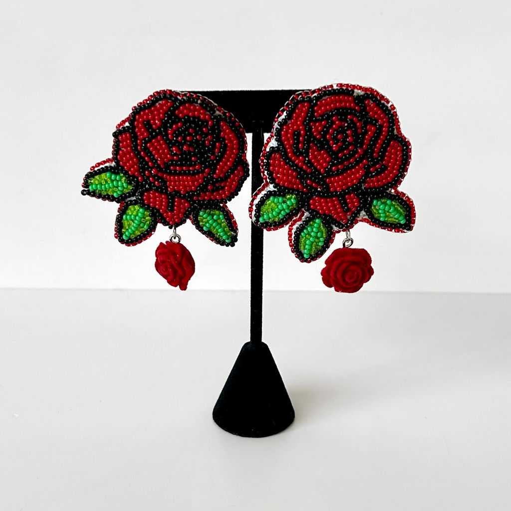 Red Rose Flat Stitch Earrings ZS