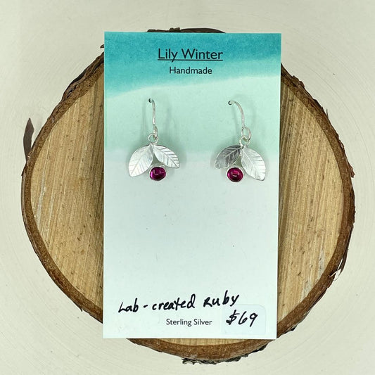 Lab Ruby with Leaves Earrings LW