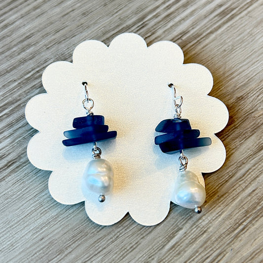 Blue Seaglass & Pearl Earrings MN