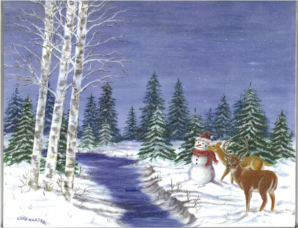 Deer and Snowman - Landscape Print
